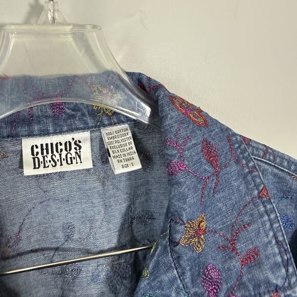 Chico’s Whimsical Floral Embroidered Denim jacket Sz 2 US L/12 Boho Hippie Gypsy - Picture 5 of 6